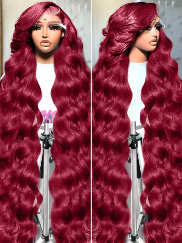 Red human hair wigs, 13x6 lace frontal, burgundy body wave - Image 3