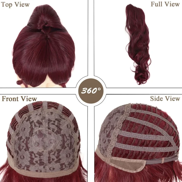 Red Human Hair Wigs Megara Dark Red Ponytail Cosplay Costume Accessory - Image 4