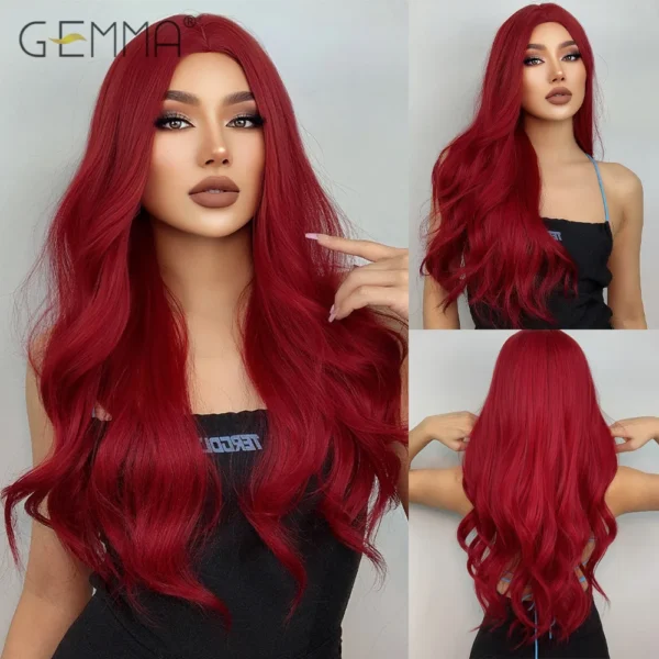 Red human hair wigs, dark red long wavy synthetic cosplay wig