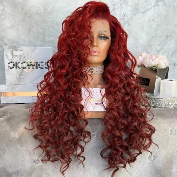 Red human hair wigs, curly 26-inch burgundy blonde lace front wig - Image 3