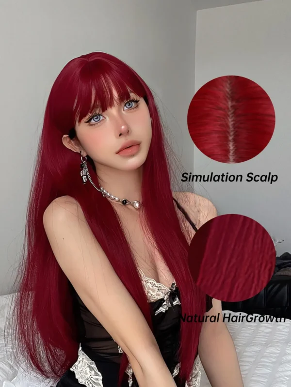 Red Human Hair Wigs: Long Wine Red Straight Wig with Bangs - Image 2