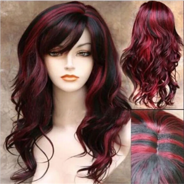 Red human hair wigs, wavy synthetic cosplay wig with bangs - Image 2