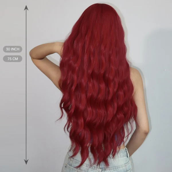 Red human hair wigs, curly long wavy burgundy cosplay style - Image 2