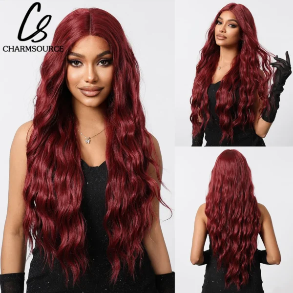 Red Hair Wig: Synthetic Wine Red Lace Front Long Water Wave