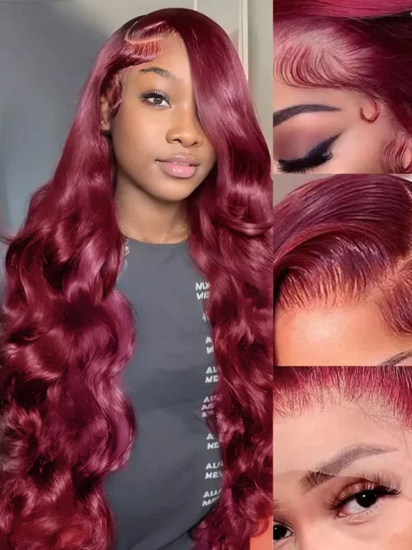 Red Human Hair Wigs 13x6 99J Burgundy Body Wave HD Lace Frontal - Image 4