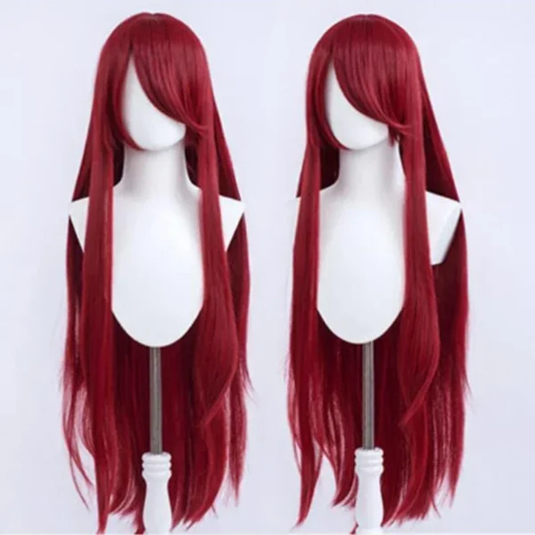 Red human hair wigs, 100cm long, wine red with bangs