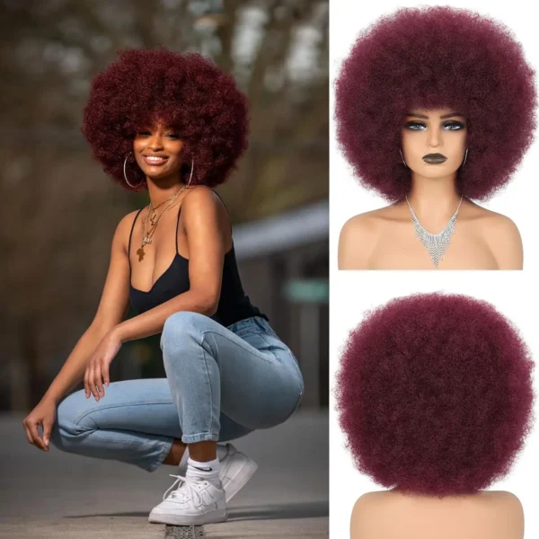 Red Human Hair Wigs: 10-inch Afro Curly Burgundy Wig