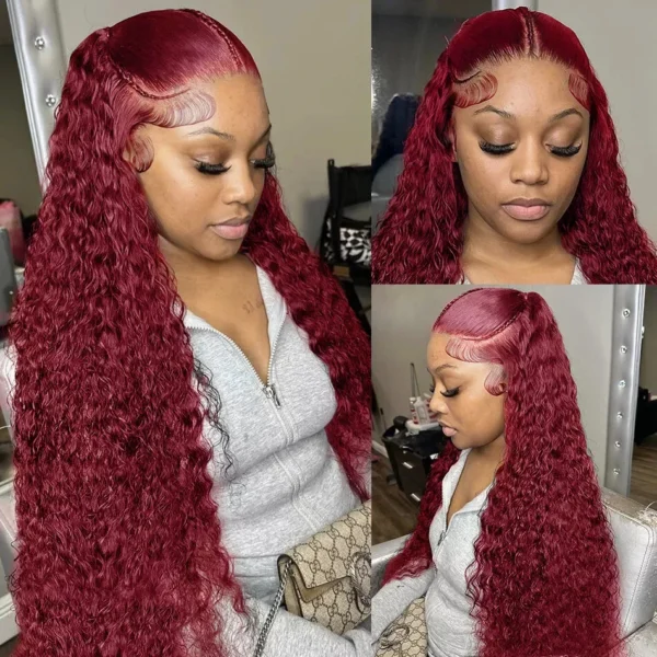 Red hair wig, 13x5 HD lace, burgundy deep wave curly - Image 3