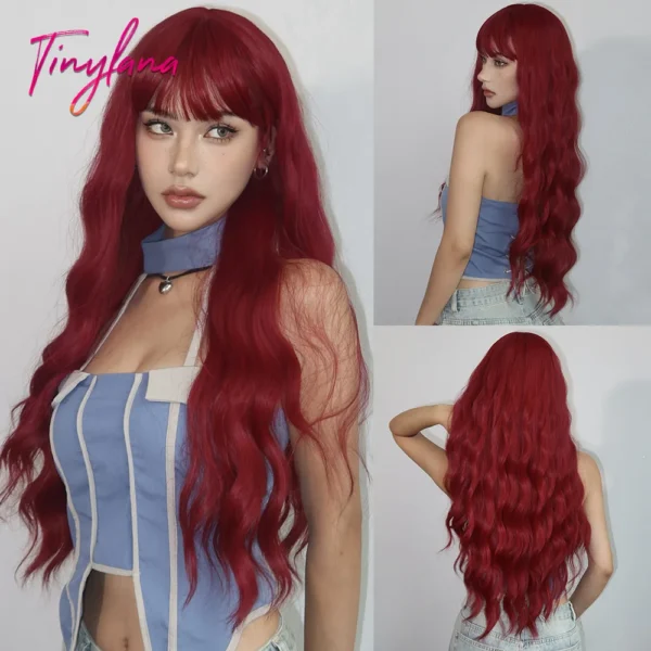 Red human hair wigs, curly long wavy burgundy cosplay style