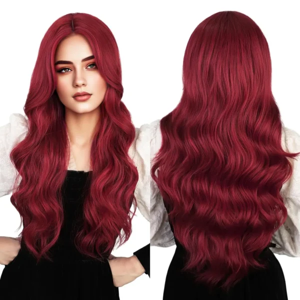 Red Human Hair Wigs: Wine Red Long Curly Synthetic Wig