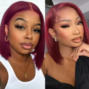 99J Burgundy 13x4 Bob Straight Human Hair Wig, Pre Plucked, Transparent Lace