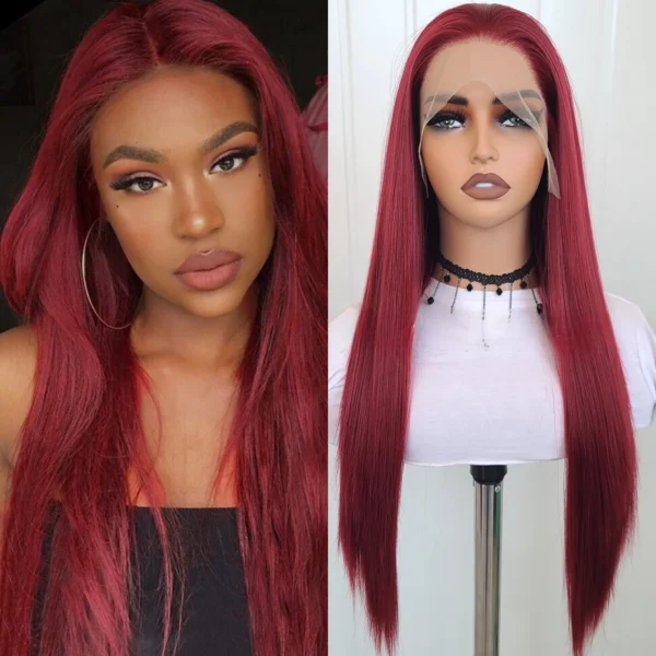 Red Human Hair Wigs Straight Long Lace Front Glueless Burgundy Wig