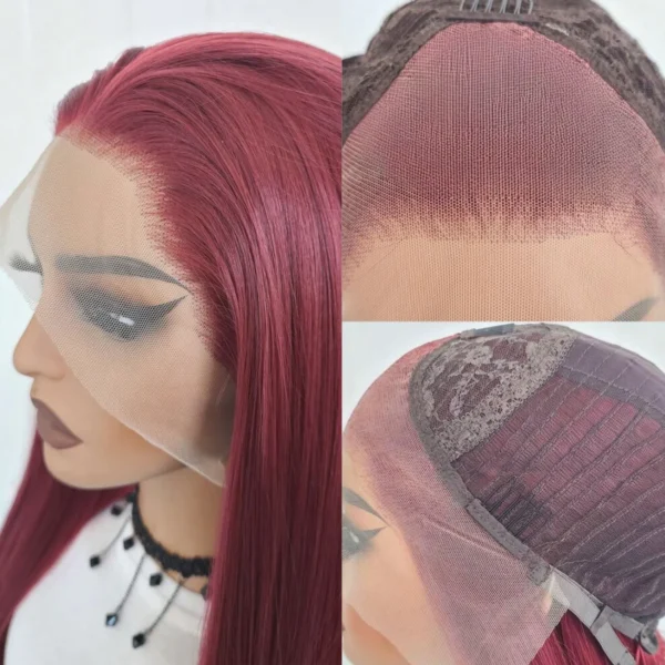 Red Human Hair Wigs Straight Long Lace Front Glueless Burgundy Wig - Image 4