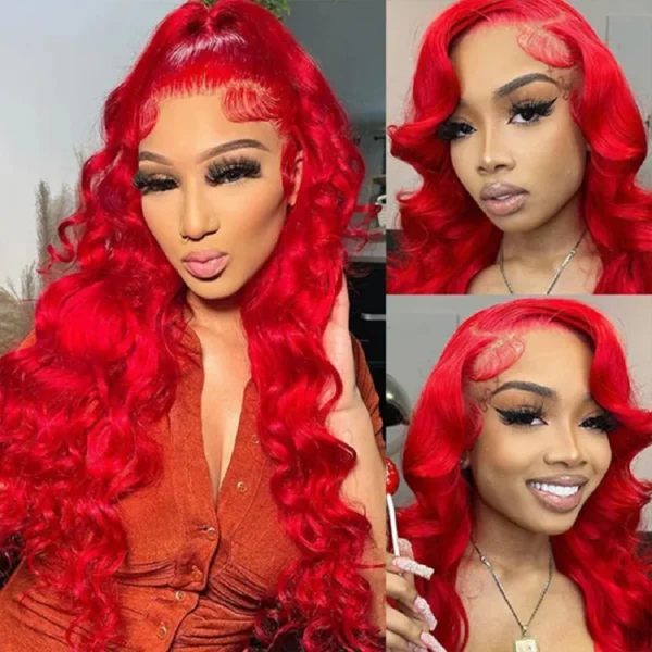 34" Red Hair Wig, Body Wave, 13X4 Lace Frontal, Burgundy - Image 2