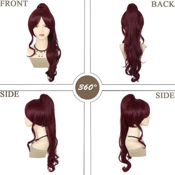 Red Human Hair Wigs Megara Dark Red Ponytail Cosplay Costume Accessory - Image 3