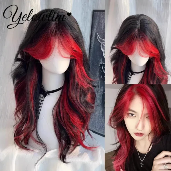 Red Human Hair Wigs: Punk Style Black & Red Curly Wig