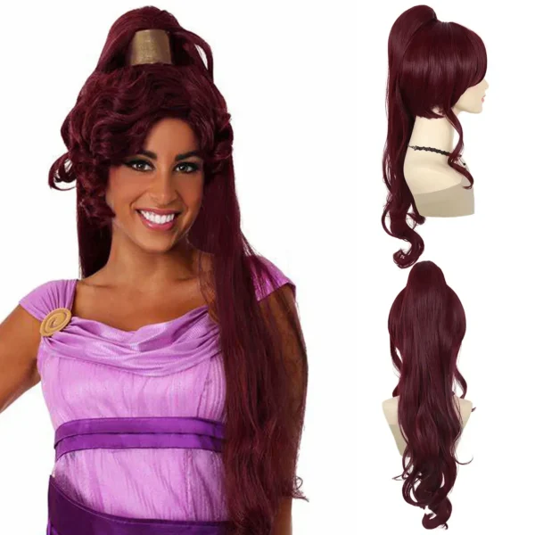 Red Human Hair Wigs Megara Dark Red Ponytail Cosplay Costume Accessory