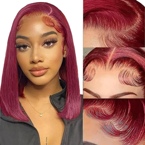 Red human hair wigs, 99J Burgundy Bob, glueless 13x4 lace front - Image 2