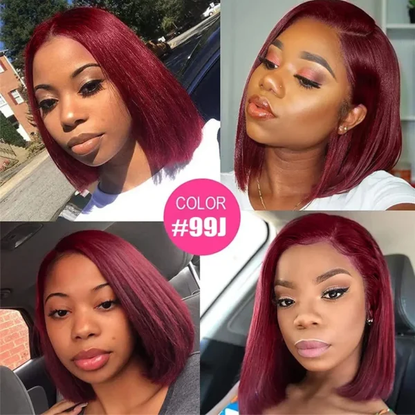 Red human hair wigs, 99J Burgundy Bob, glueless 13x4 lace front - Image 3