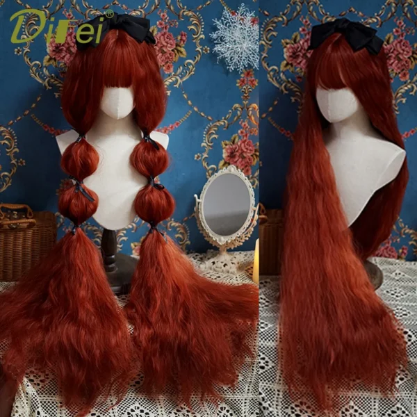 Red human hair wigs, 120cm wavy red brown cosplay wig - Image 4