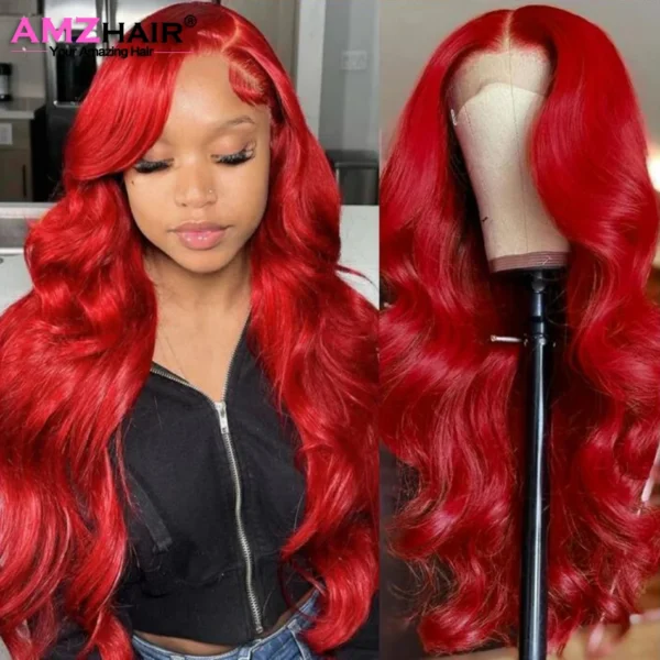 34" Red Hair Wig, Body Wave, 13X4 Lace Frontal, Burgundy