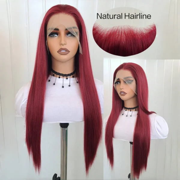 Red Human Hair Wigs Straight Long Lace Front Glueless Burgundy Wig - Image 3