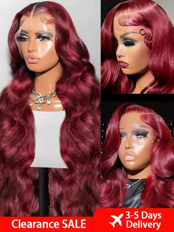 Red Human Hair Wigs 13x6 99J Burgundy Body Wave HD Lace Frontal - Image 2