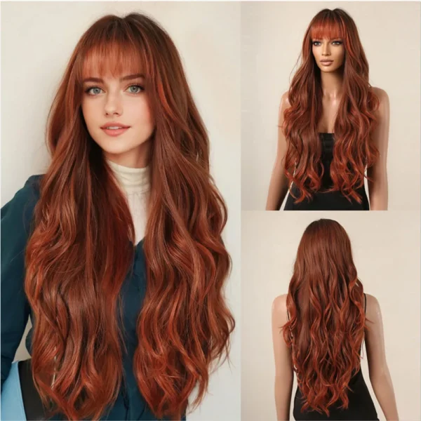 Red human hair wigs, ombre auburn wavy wig with bangs