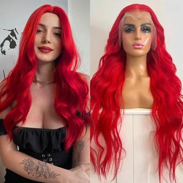 Red hair wig, body wave, heat fiber, lace front, cosplay