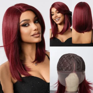 Burgundy Red Synthetic Lace Front Bob Wig, Heat Resistant Fiber, Short