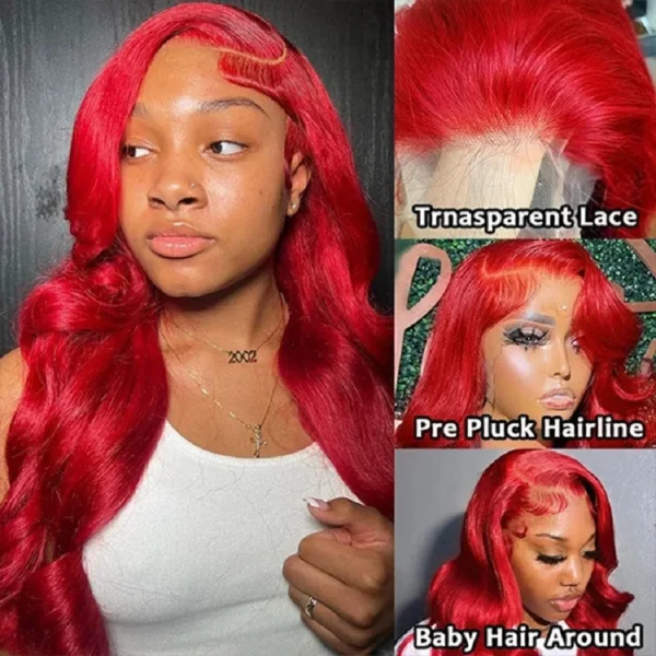 34" Red Hair Wig, Body Wave, 13X4 Lace Frontal, Burgundy - Image 3