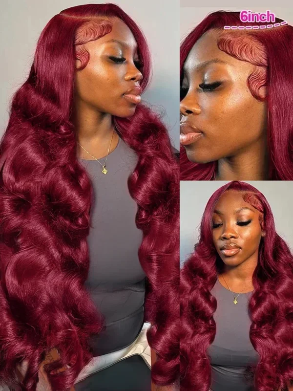 Red human hair wigs, Burgundy 13x6 lace front, glueless - Image 3