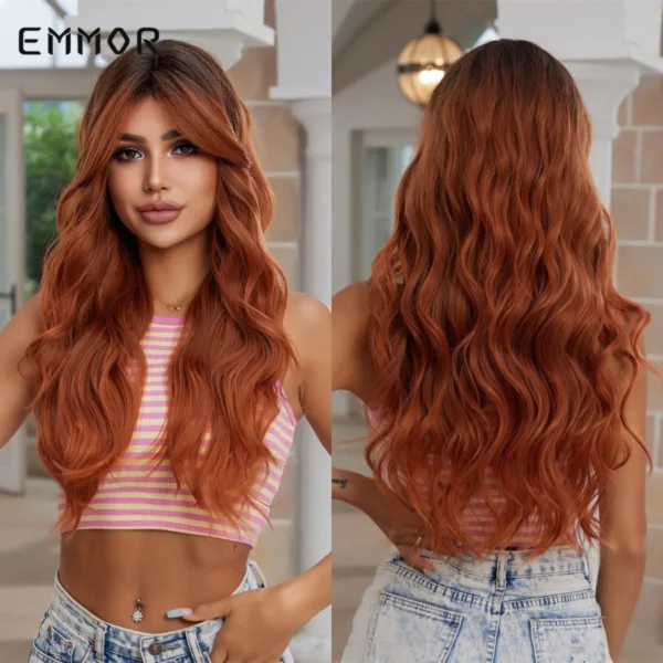 Red human hair wigs, copper wavy with bangs for cosplay