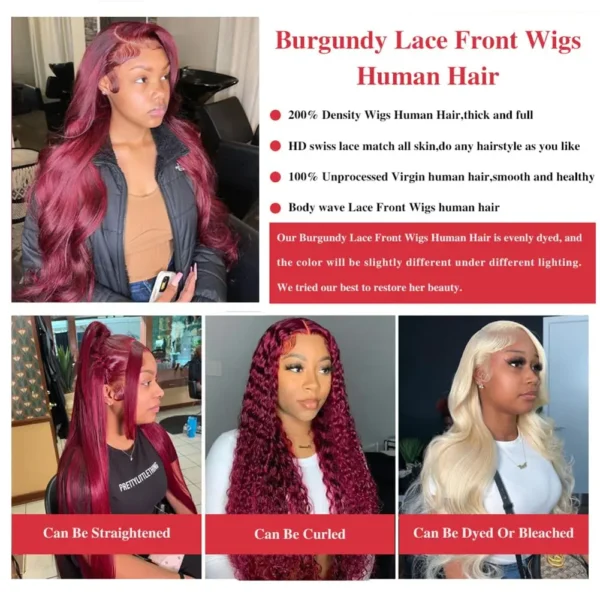 Red Hair Wig: Burgundy Body Wave 13x4 HD Lace Front Brazilian - Image 4