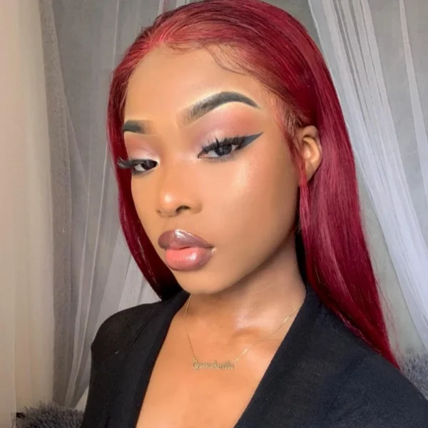 Red Human Hair Wigs Straight Long Lace Front Glueless Burgundy Wig - Image 2