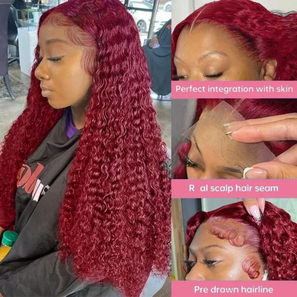 Red hair wig, 13x5 HD lace, burgundy deep wave curly - Image 2